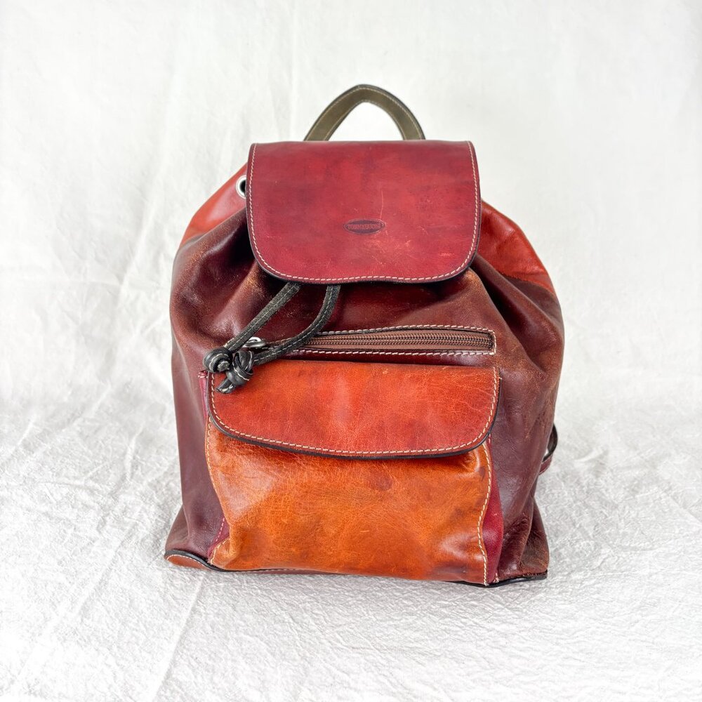 Tornabuoni Italian Leather Backpack Red Brown Multi-Tone Drawstring Travel Bag